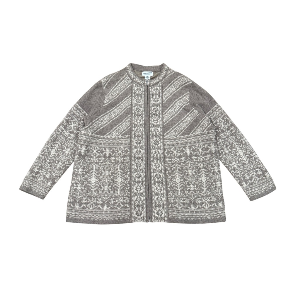Pendleton Plus 2X Lambswool Full Zip Cardigan Sweater Taupe Fair Isle Lined